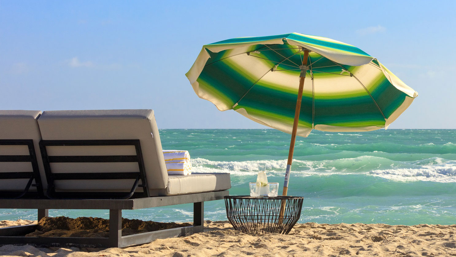 Beach chairs and umbrella