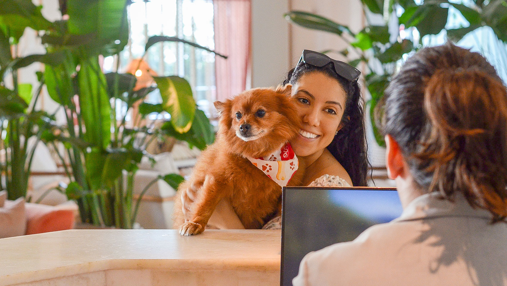woman holding up dog at front desk