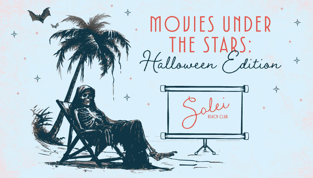 Halloween Movies Under the Stars graphic with a bat, skeleton, and palm tree illustration
